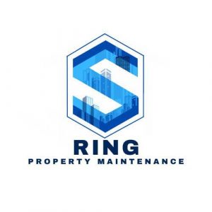 Blue hexagon-style logo with stylised city buildings and the text "Ring Property Maintenance".