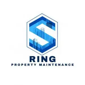 Blue hexagon-style logo with stylised city buildings and the text "Ring Property Maintenance".