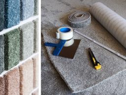 Carpet samples in various colours alongside tools for installation on a floor.