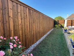 Wooden fence along a garden with pink roses and a clear blue sky.