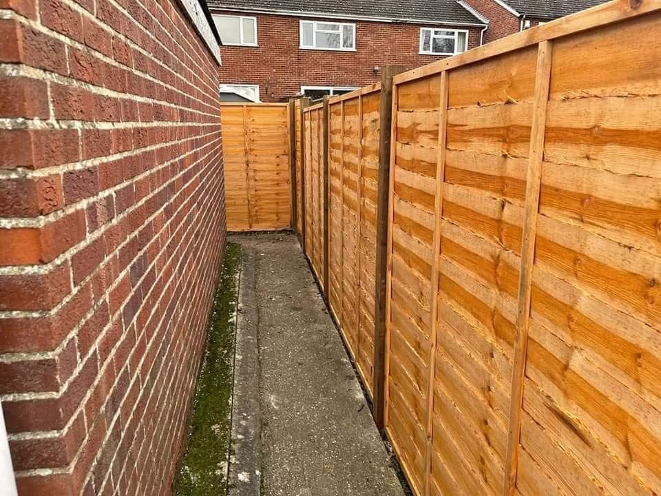 Narrow pathway between two wooden fences leading to a gate.