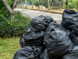 A pile of black garbage bags on grassy ground beside a pathway.