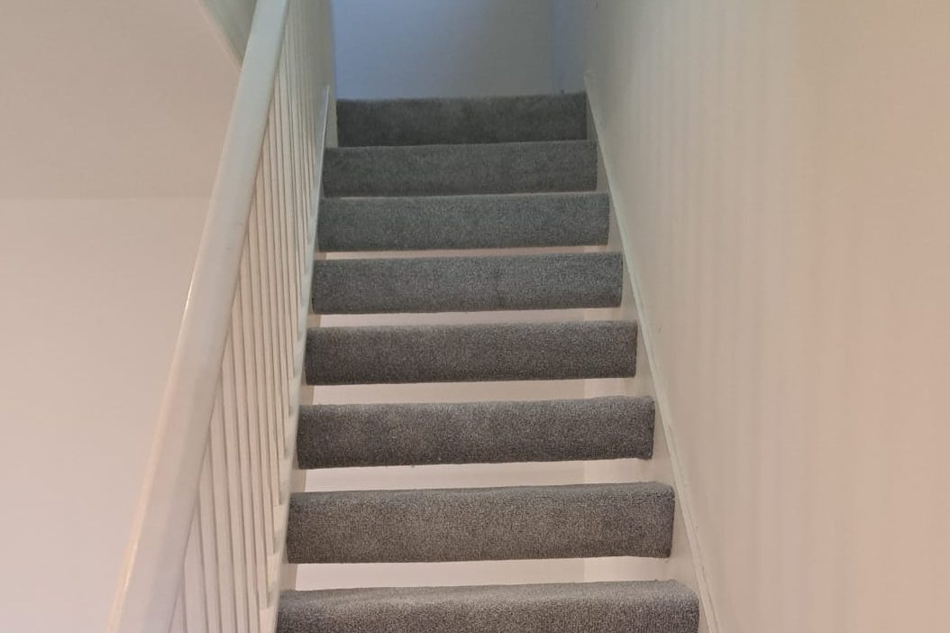 Carpeted stairs ascending with a white banister and light-coloured walls.